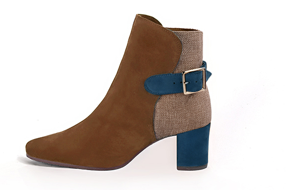 Caramel brown, tan beige and peacock blue women's ankle boots with buckles at the back. Square toe. Medium block heels. Profile view - Florence KOOIJMAN